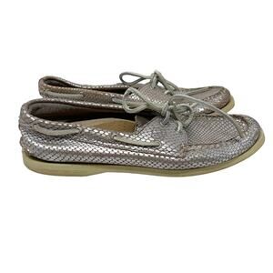 Sperry Top Sider Women 8.5 Silver Snakeprint Metallic Boat Shoe Sneakers Lace Up